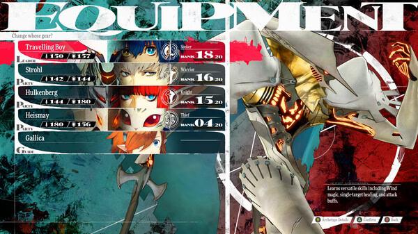 Metaphor: ReFantazio screenshot showing the equipment menu with character stats on the left and a detailed armor design on the right.
