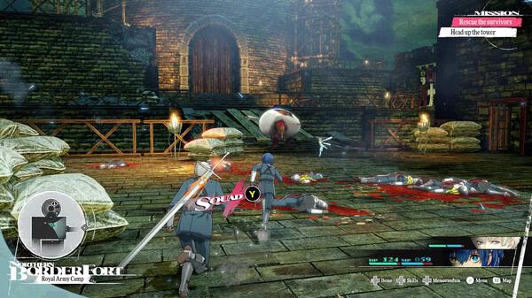 Screenshot from Metaphor: ReFantazio showing characters battling enemies in a castle courtyard surrounded by fallen soldiers.