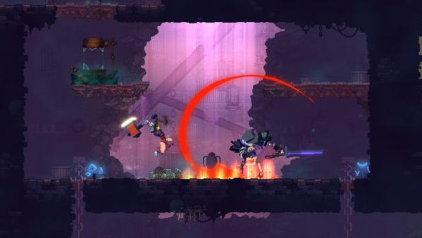 Dead Cells screenshot: A player battles enemies with weapons in a dark, dungeon-like environment with glowing purple and red effects.