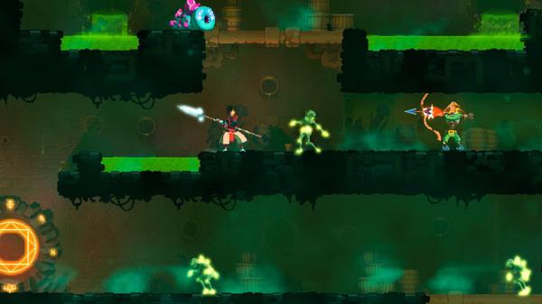 Dead Cells screenshot: A player character wields a glowing sword, facing green zombie-like enemies in a dungeon setting.