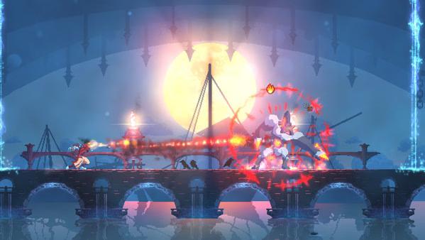 Dead Cells screenshot: The protagonist battles a giant knight on a bridge under a full moon, surrounded by glowing effects.