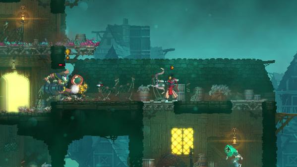 Dead Cells screenshot: A player battles enemies on a wooden platform in a dimly lit, eerie fortress with glowing windows.