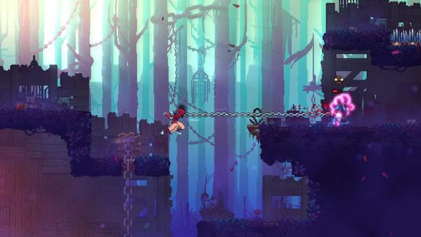 Screenshot from Dead Cells: A character swings on a chain in a misty forest, approaching a glowing enemy on a wooden platform.