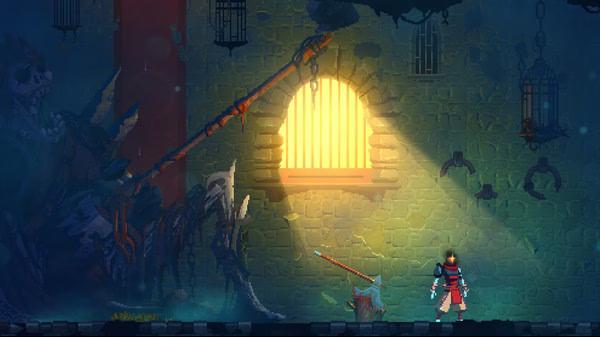 Dead Cells screenshot: A warrior stands in a dimly lit dungeon, holding a weapon near a glowing barred window and hanging cages.