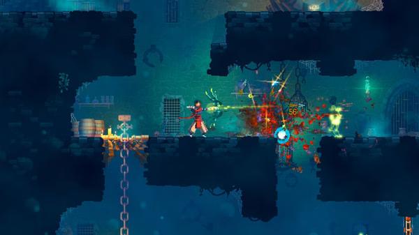 Screenshot from Dead Cells showing a player character in combat with a monster in a dark, dungeon-like environment.