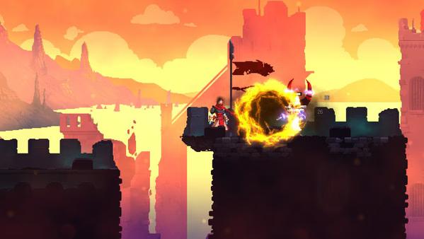 Dead Cells screenshot: A player battles an enemy on a castle rooftop at sunset, with fiery effects and a scenic background.
