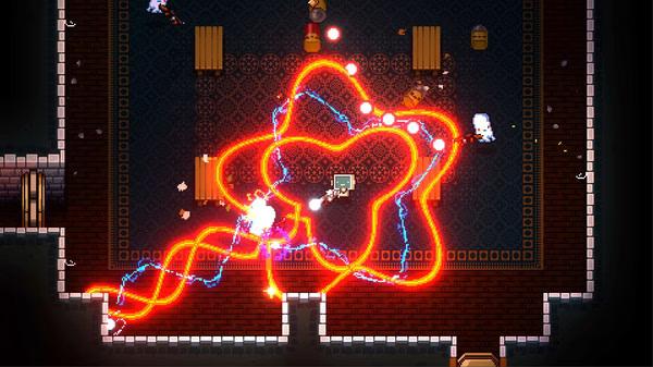Enter the Gungeon screenshot: A chaotic battle scene with bright laser effects and enemies in a dungeon room.