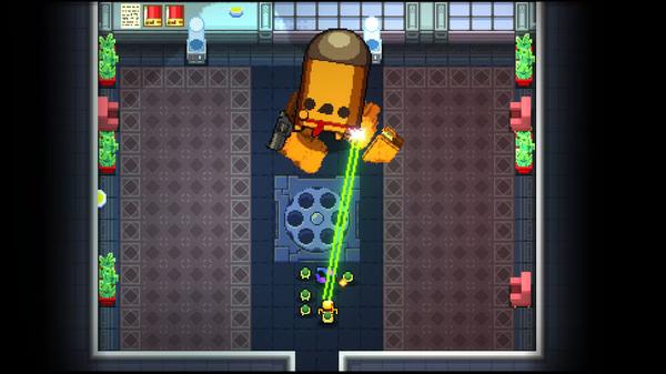 Enter the Gungeon screenshot: A player character fires a green laser at a large bullet-shaped boss in a colorful room.