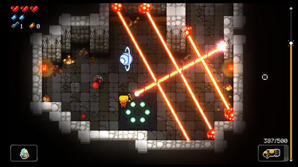 A screenshot from Enter the Gungeon showing a character dodging red laser beams in a dungeon room.