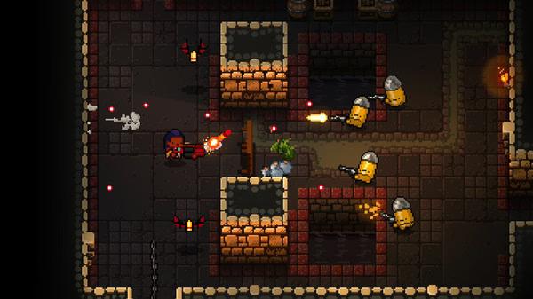 Enter the Gungeon screenshot: A player fires at enemies, including bullet-shaped foes and bats, in a dungeon with brick walls and pits.