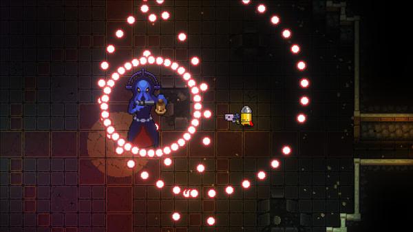 Screenshot from Enter the Gungeon showing a player character dodging bullet patterns from a blue armored enemy in a dungeon room.