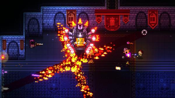 Enter the Gungeon screenshot: Players face a fiery explosion from a boss enemy in a dungeon with vibrant pixel art graphics.