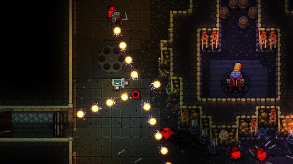 Enter the Gungeon screenshot: A player dodges bullets while fighting enemies in a dark dungeon room with a turret and barrels.