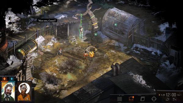 Screenshot from Disco Elysium - The Final Cut shows a character interacting in a snowy yard with dialogue, a greenhouse, and UI elements.