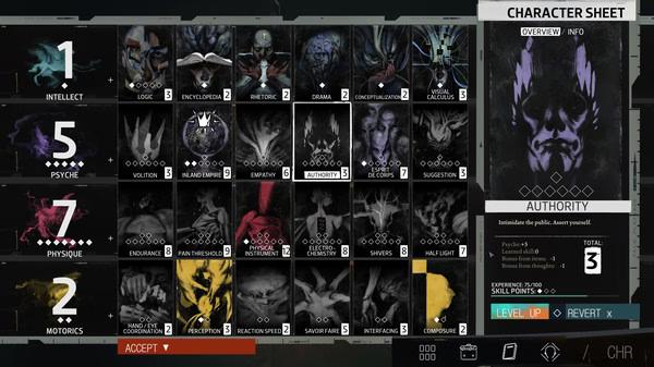 Disco Elysium - The Final Cut screenshot showing a character sheet with skills like Intellect, Psyche, and Authority, level 3.