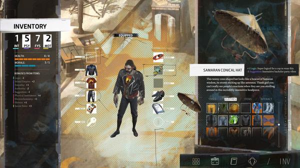 Screenshot from Disco Elysium - The Final Cut: Inventory screen showing character gear and a Samaran Conical Hat description.