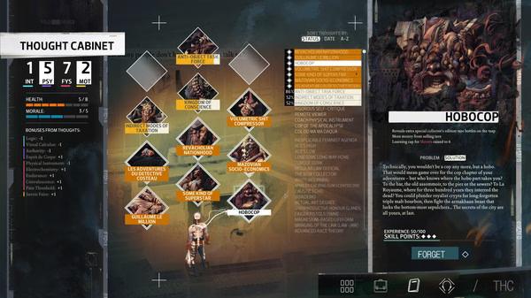 Screenshot from Disco Elysium - The Final Cut showing the Thought Cabinet with various thoughts and descriptions related to the Hobocop skill.