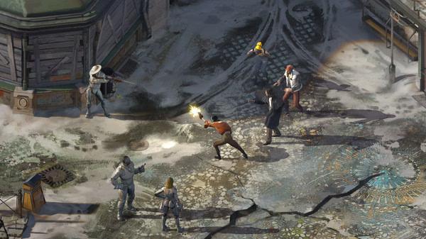 Screenshot from Disco Elysium - The Final Cut showing characters in a snowy street engaged in a tense standoff with guns drawn.