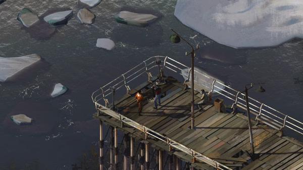 A screenshot from Disco Elysium - The Final Cut showing two characters on a wooden pier by a river with floating ice chunks.