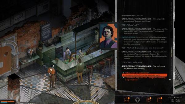 Disco Elysium - The Final Cut screenshot: A conversation with Garth at a bar, dialogue options visible on the right side of the screen.