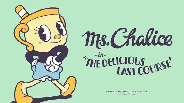Cuphead screenshot: Ms. Chalice from "The Delicious Last Course" walks confidently on a mint green background.
