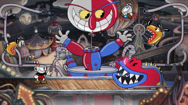 Cuphead screenshot: Cuphead faces a colorful clown boss surrounded by animated carnival-themed enemies in a vibrant battlefield.