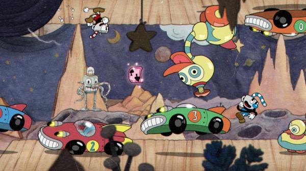 Cuphead screenshot: Characters dodge obstacles and cars in a colorful, animated carnival scene with a whimsical backdrop.