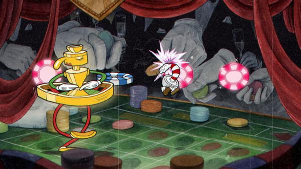 Cuphead screenshot: A boss battle against King Dice on a colorful casino stage, featuring dice and poker chips in the background.