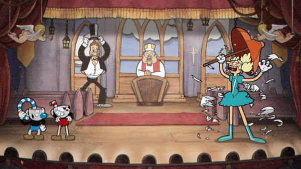 Cuphead screenshot: Cuphead and Mugman face Sally Stageplay on a theater stage, with dramatic props and background details.