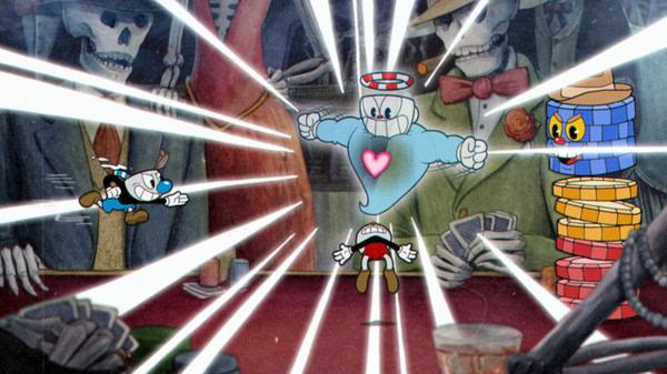 Cuphead screenshot: In a casino setting, Cuphead is revived by Mugman amidst skeletons and poker chips.
