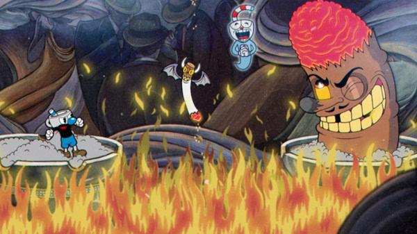 Cuphead screenshot: Cuphead battles a fiery boss with a flaming head, surrounded by burning flames in a chaotic arena.