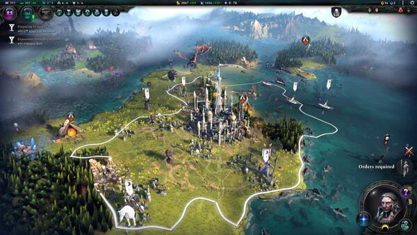Age of Wonders 4 screenshot showing a detailed map with a central castle, surrounding land, sea areas, and various units in view.