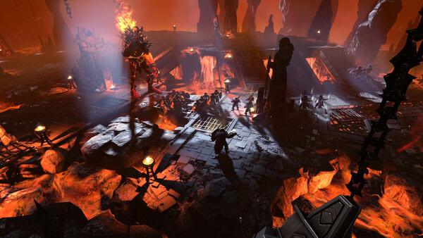 Screenshot of Age of Wonders 4 showing a fiery underworld scene with warriors and a towering creature amidst lava and rocky terrain.