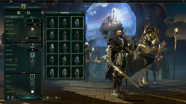 Age of Wonders 4 screenshot: Character customization screen showing a knight in armor with a sword and horse, castle in the background.