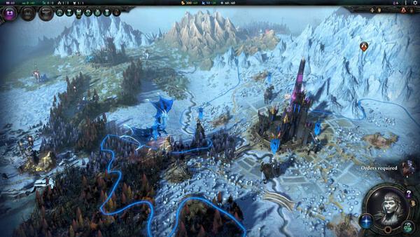 Screenshot from Age of Wonders 4 showing a snowy landscape with a mystical castle and a dragon in the foreground.