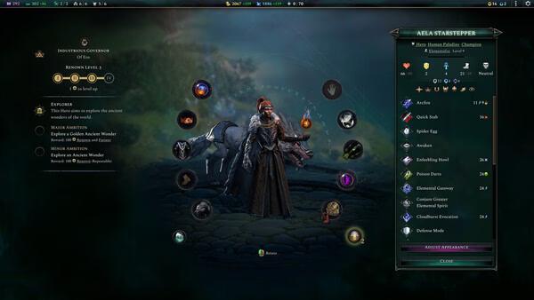 Age of Wonders 4 screenshot: A character customization menu displays options and stats for a hero alongside a horse companion.