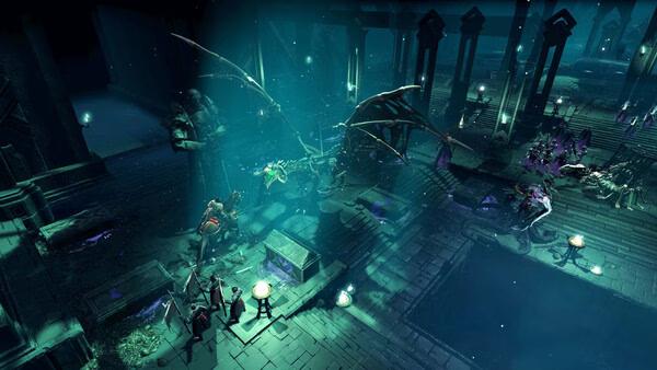 Age of Wonders 4 screenshot showing a dark, glowing dungeon with winged creatures, warriors, and scattered magical artifacts.