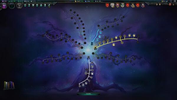 Age of Wonders 4 screenshot: A complex skill tree with branching paths displayed against a cosmic background.