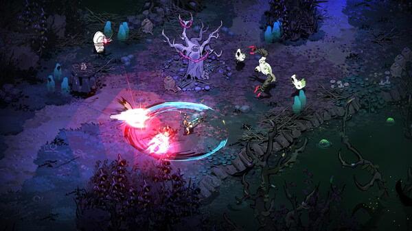 Hades II screenshot: A character battles skeleton-like enemies in a dark, mystical forest with glowing attacks and eerie surroundings.