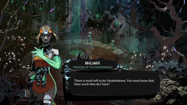 Hades II screenshot: Melinoë, Princess of the Underworld, stands in a lush, mystical forest speaking to the Headmistress.