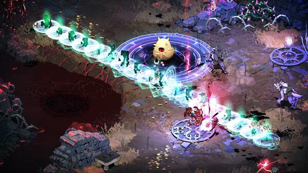 Hades II screenshot: A character battles enemies in a magical arena with glowing attacks and a circular portal in a dark, mystical environment.