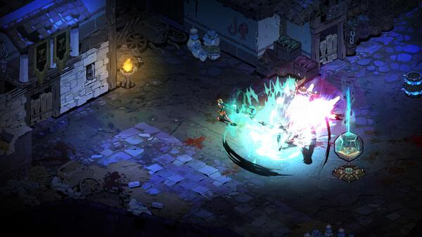 Hades II screenshot: A character battles a shadowy enemy with bright magical attacks in a dimly lit, detailed ancient courtyard.