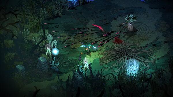 Hades II screenshot: A character battles a monster in a dark, enchanted forest, surrounded by glowing plants and eerie shadows.