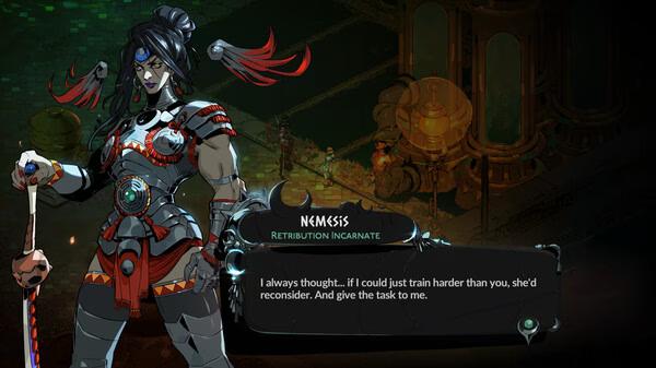 Screenshot from Hades II shows a character named Nemesis with red accents, speaking in a dialogue box about training harder.