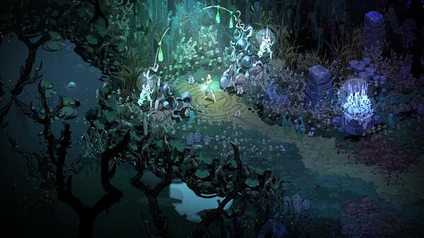 Screenshot from Hades II showing a glowing character surrounded by mystical stones and dark, eerie forest scenery.