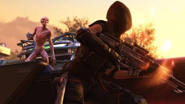 XCOM® 2 screenshot showing a soldier aiming a rifle at an alien, with a sunset and vehicle in the background.