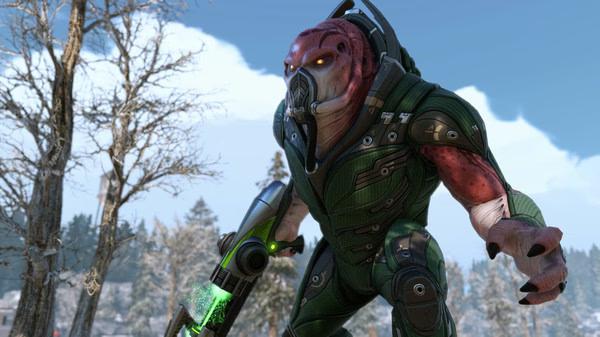 A screenshot from XCOM® 2 showing a towering alien enemy in green armor holding a glowing weapon, set against a snowy forest backdrop.
