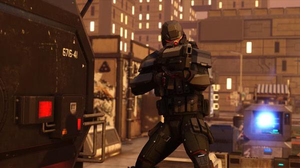 A screenshot from XCOM® 2 showing a soldier in black armor aiming a weapon in a futuristic urban environment with buildings and vehicles.