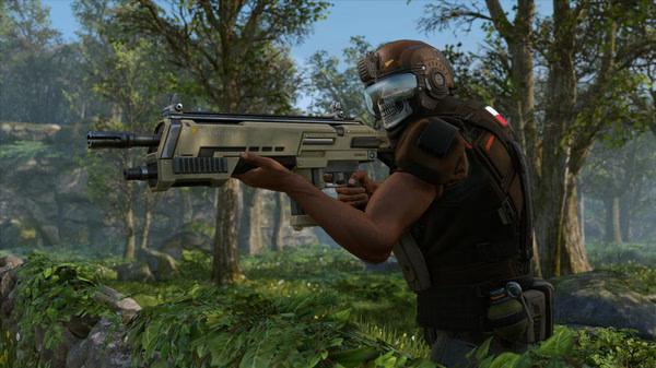 XCOM® 2 screenshot showing a soldier in tactical gear aiming a rifle in a lush forest setting.
