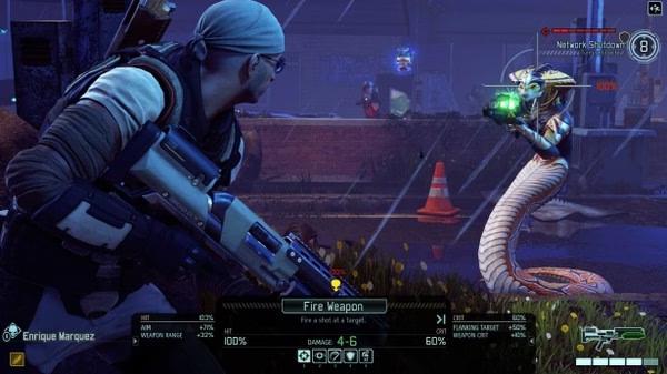 XCOM® 2 screenshot showing a soldier aiming a rifle at an alien enemy in a tactical combat scenario with action menus visible.